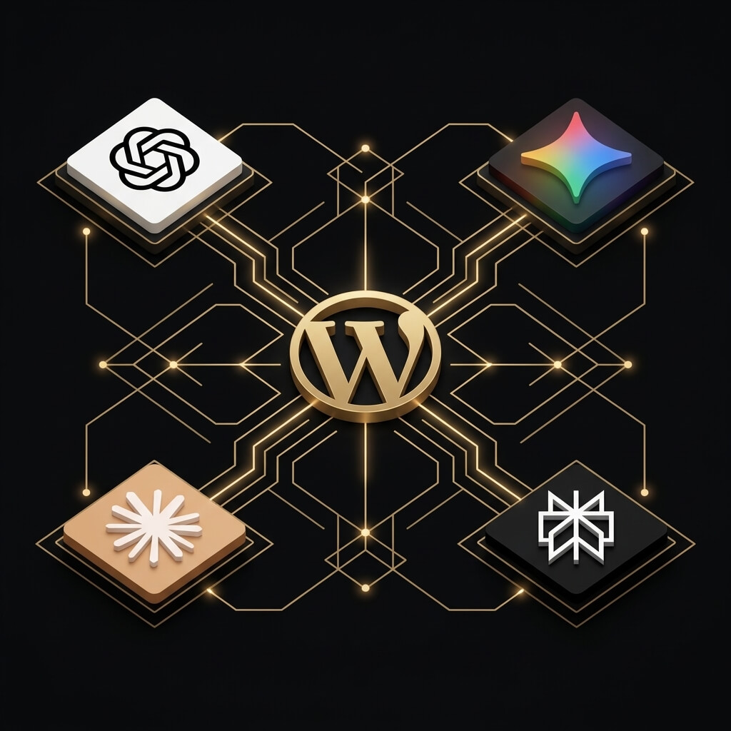 AI-native company website architecture showing WordPress at the center connected to major AI platforms including ChatGPT, Gemini, Perplexity, and Claude