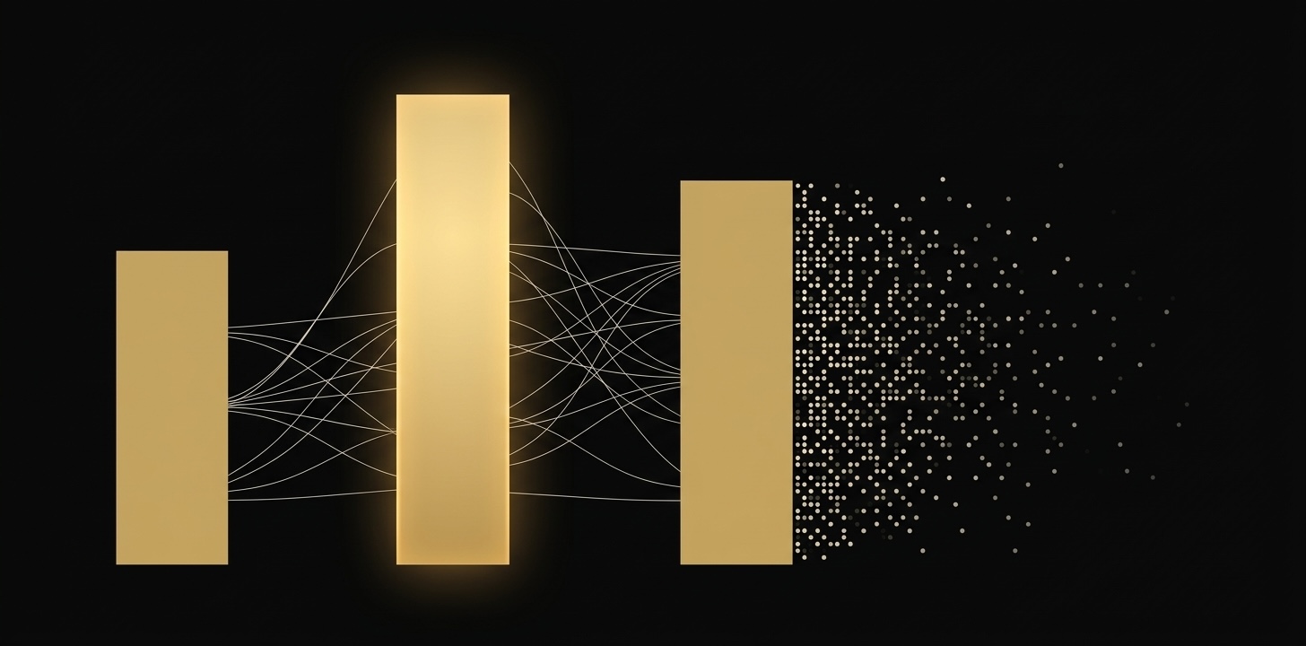 Abstract gold data visualization on black background showing the fragmentation of search traffic from centralized search engines to distributed AI discovery platforms