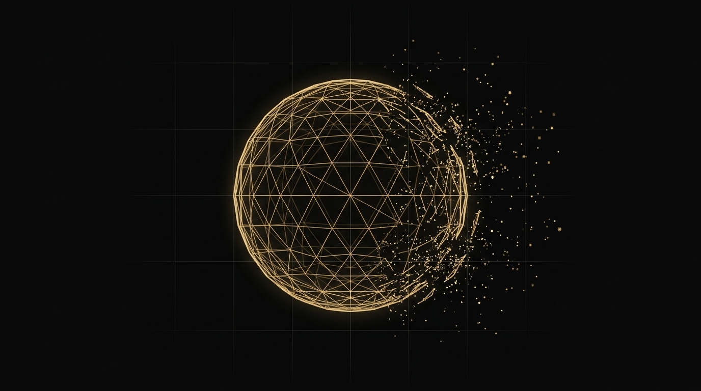 Abstract golden wireframe sphere dissolving into data particles on a black background, representing the convergence of web architecture and artificial intelligence