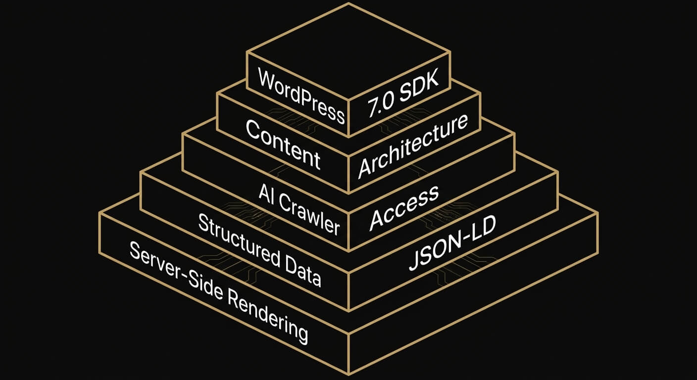 Five building blocks of an AI-native company website: server-side rendering, structured data, AI crawler access, content architecture, and WordPress 7.0 AI Client SDK