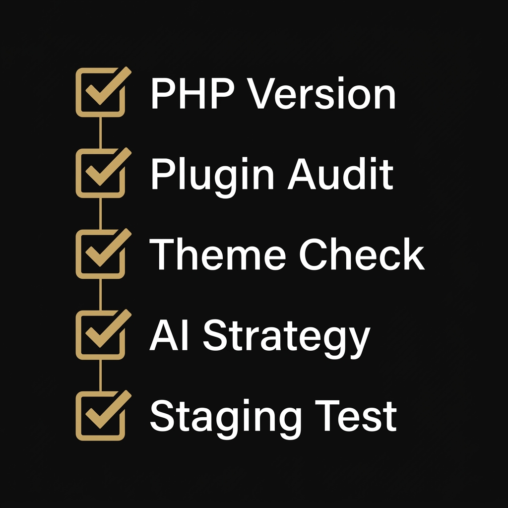 WordPress 7.0 pre-upgrade checklist: PHP version, plugin audit, theme check, AI strategy, staging test