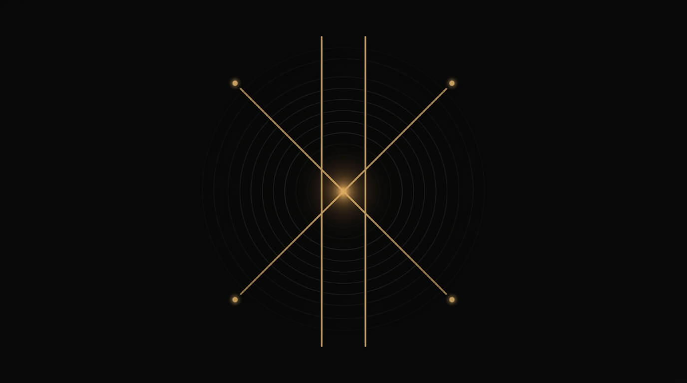 Abstract symmetrical diagram of two gold lines converging at center on a black background, representing a website designed for two audiences: human visitors and AI systems