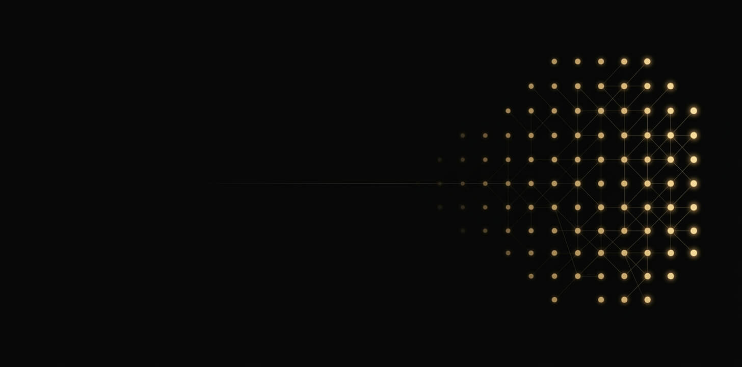 Abstract network of gold light points emerging from darkness on a black background, representing a company brand becoming visible across AI discovery platforms