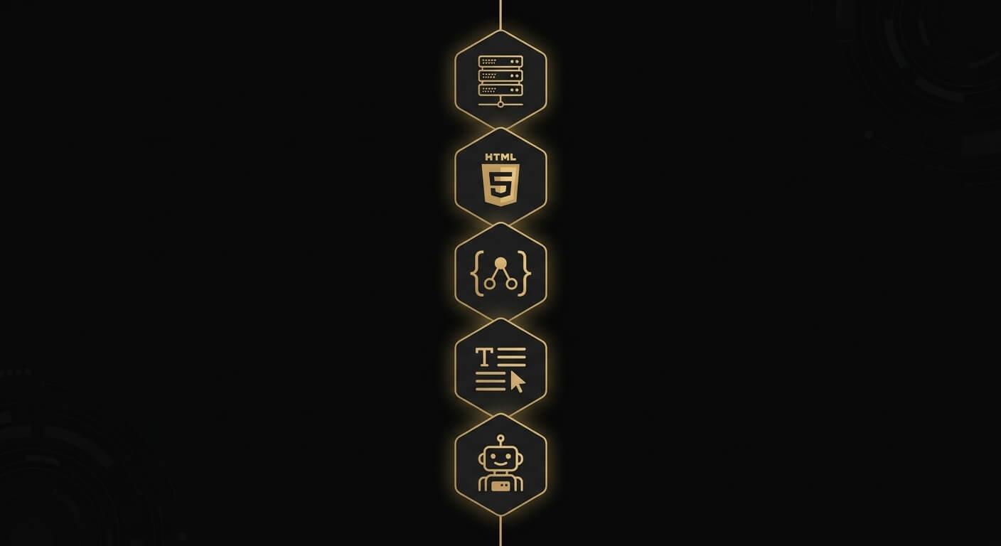 The five technical pillars of AI-native WordPress: server-side rendering, semantic HTML5, JSON-LD structured data, passage-level content optimization, and AI crawler accessibility