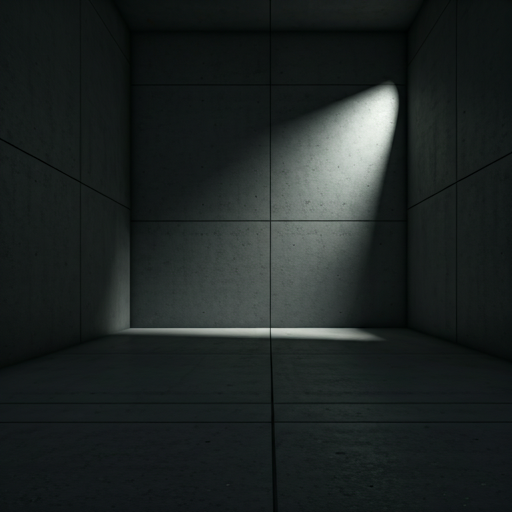 Dramatic wide shot of minimalist brutalist concrete architecture with warm evening lighting