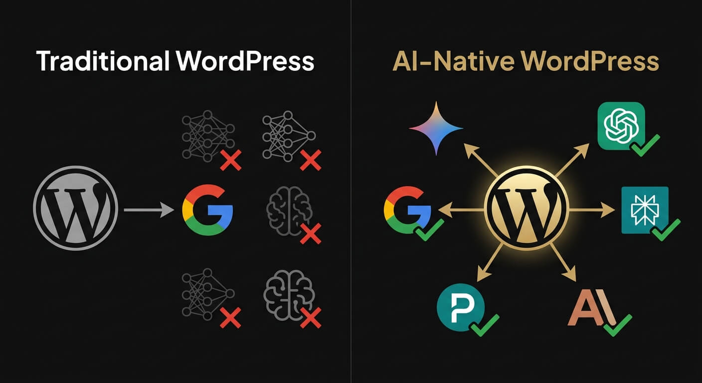 Comparison between traditional website optimized only for Google versus AI-native website optimized for multiple AI discovery platforms