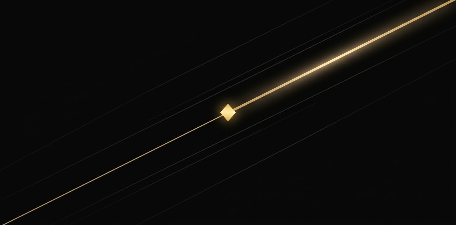 Ascending gold diagonal line passing through a diamond transformation point on black background, representing the WordPress 7.0 migration path from legacy to AI-native architecture