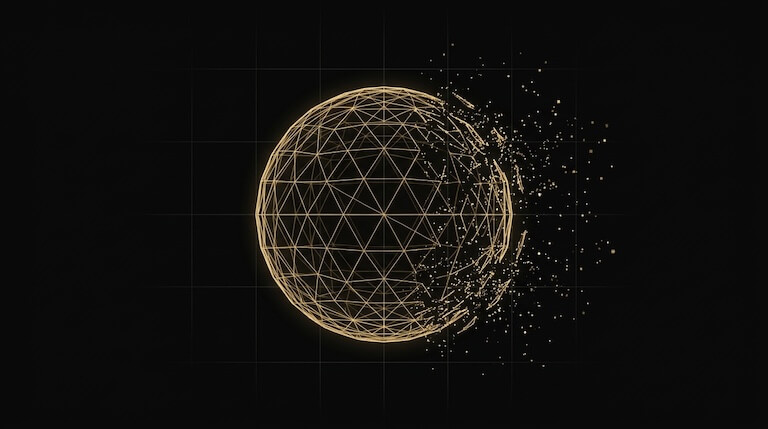 Abstract golden wireframe sphere dissolving into data particles on a black background, representing the convergence of web architecture and artificial intelligence