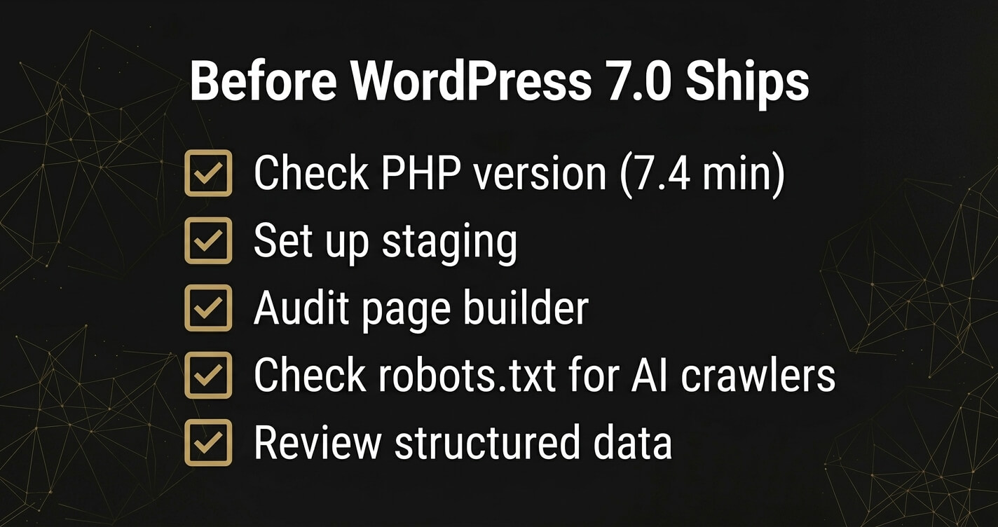 WordPress 7.0 preparation checklist: PHP version, staging environment, page builder audit, robots.txt, and structured data